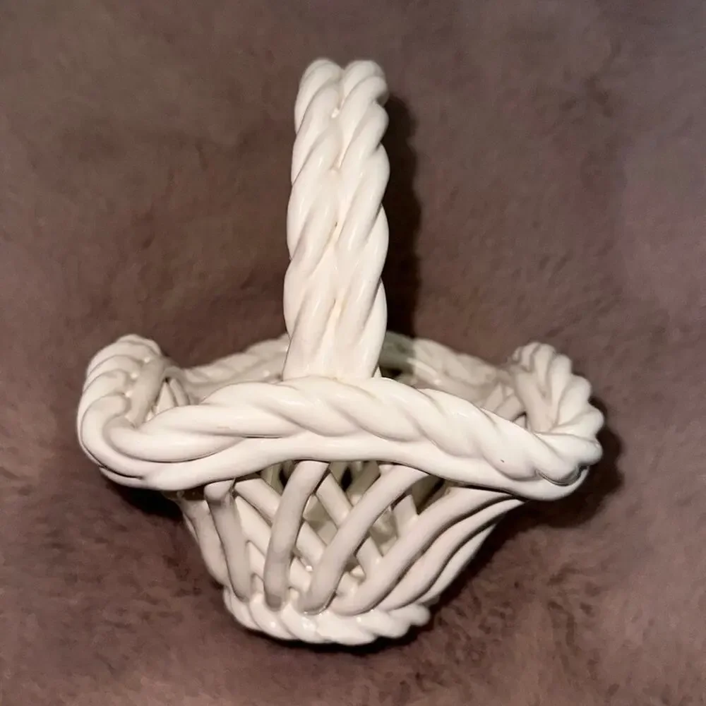 Vintage Handmade Italian White Lattice Woven Ceramic Basket